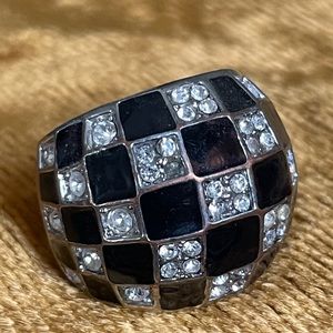 EMO Black and white checkered checkerboard enamel and stone ring punk